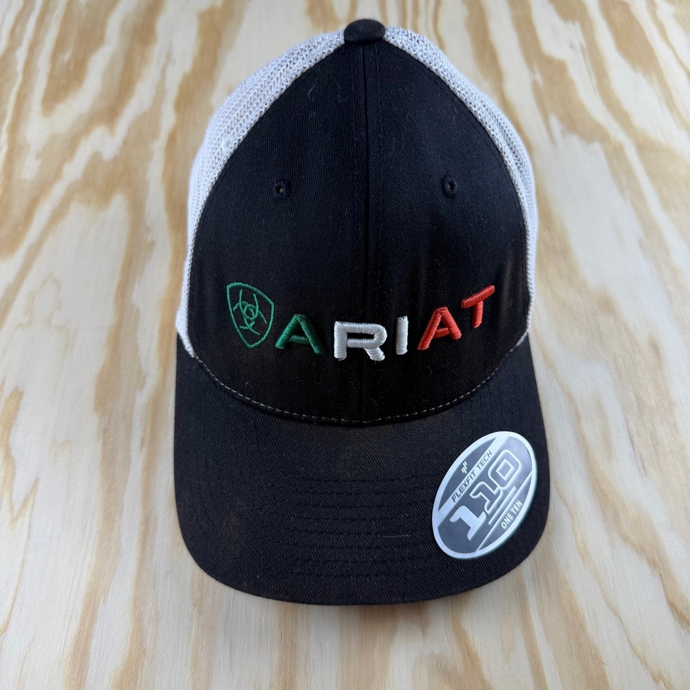 Ariat Mens Flexfit 110 Trucker Hat Black White Snapback Mesh Cap Tri-Color Logo